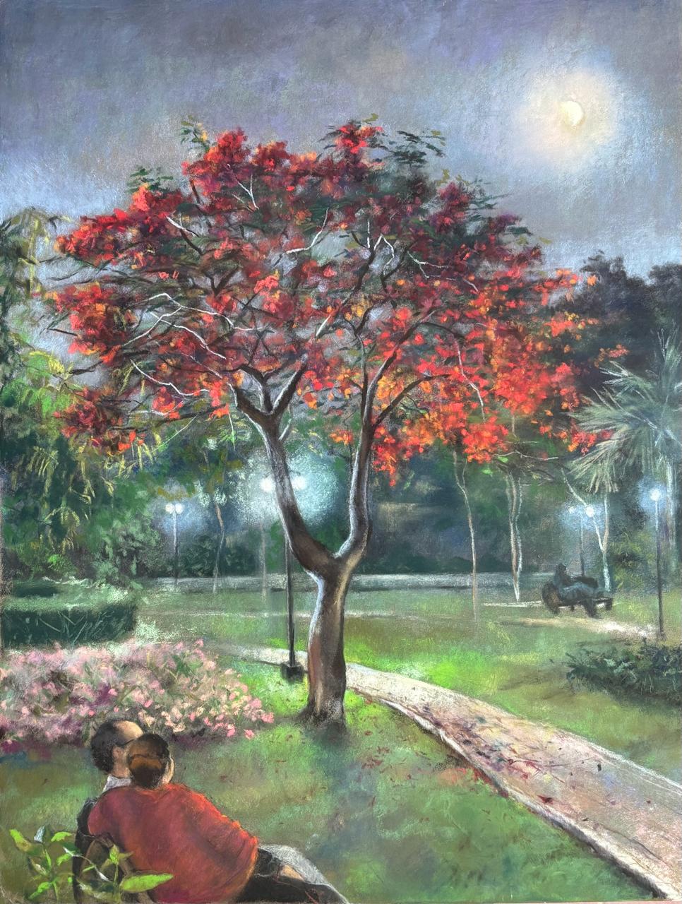 Exploration of the Moon Series Continues at Home by Rahat Naveed Masud, pastel on card artwork