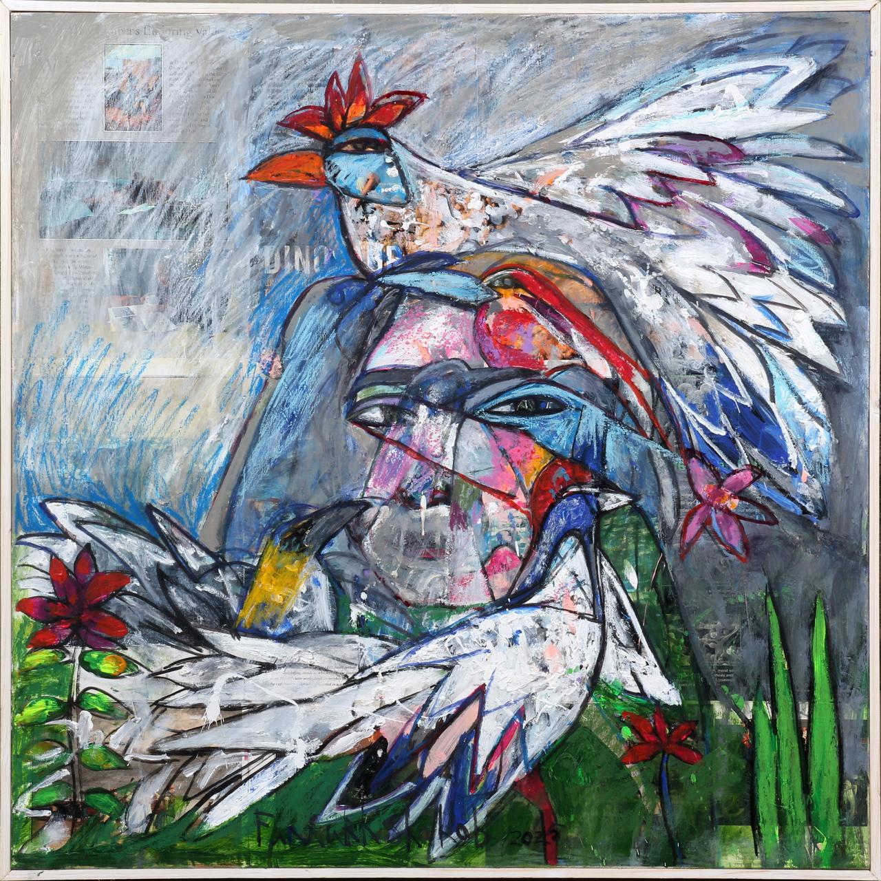 Bird Series I, mixed media on canvas artwork by Farrukh Shahab, 25 × 25 inches