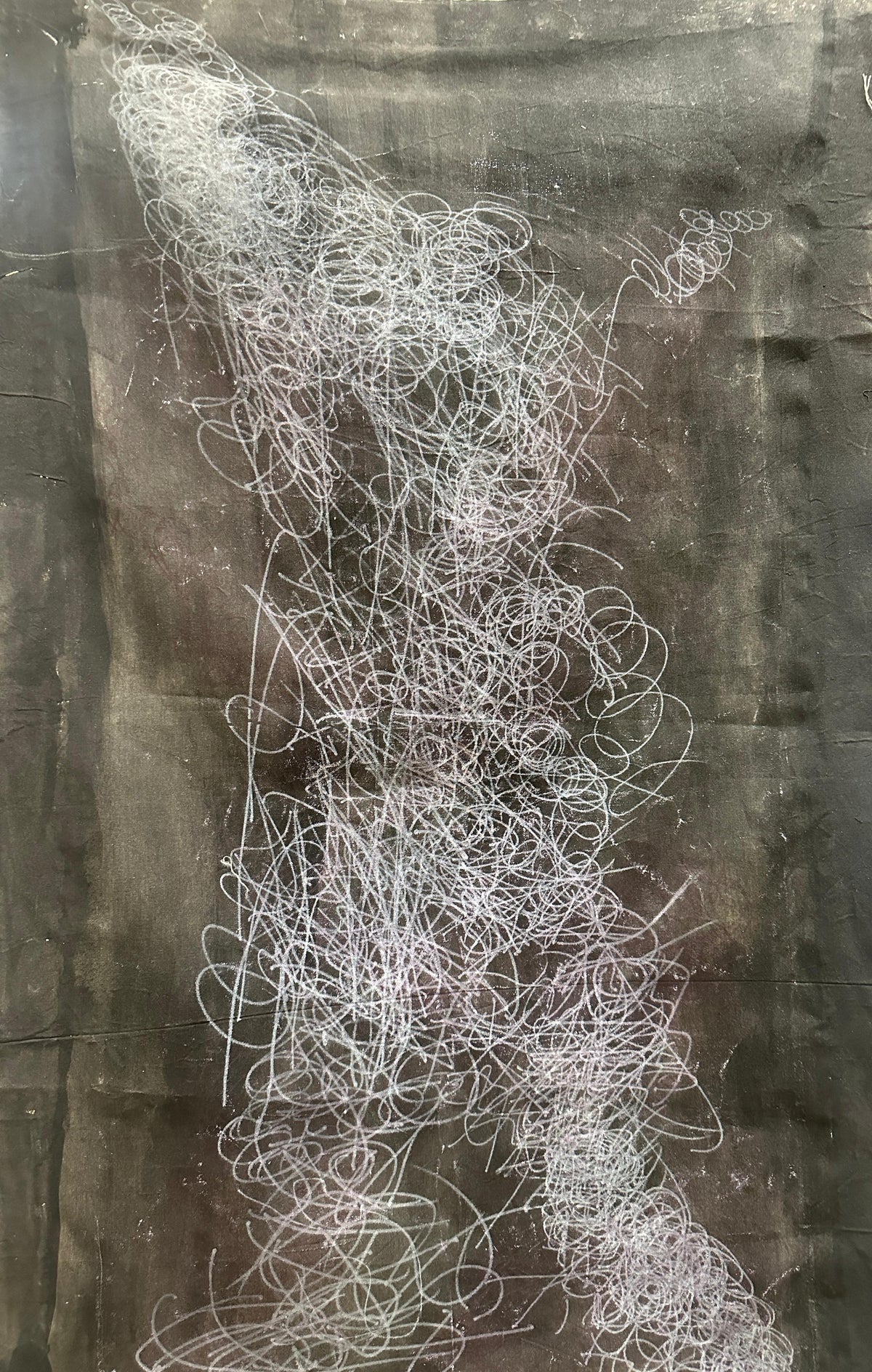 Hamdard by Hajra Khan, abstract mono drypoint on paper, 35 x 48 inches.