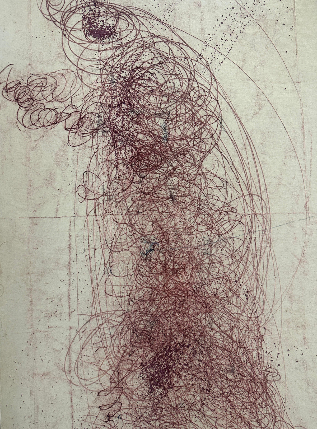 Wajood by Hajra Khan, abstract mono drypoint on paper, 47 x 48 inches.
