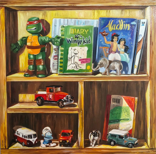 Forgotten Treasure by Ahmed Alraai, oil on canvas, 24 x 24 inches, still life in gold, brown, green, blue and red