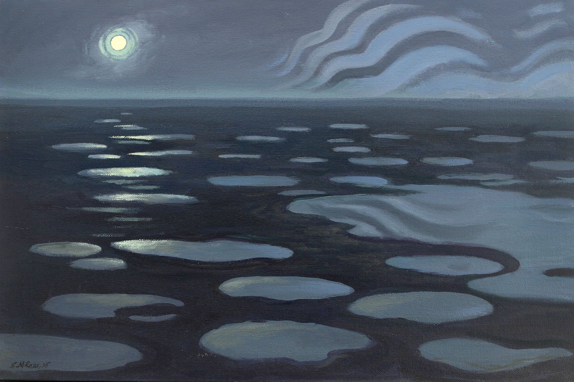 "Full Moon Reflected in Puddles" by S.M. Raza by S.M. Raza - original Oil on Canvas artwork at Arfiras Art Gallery