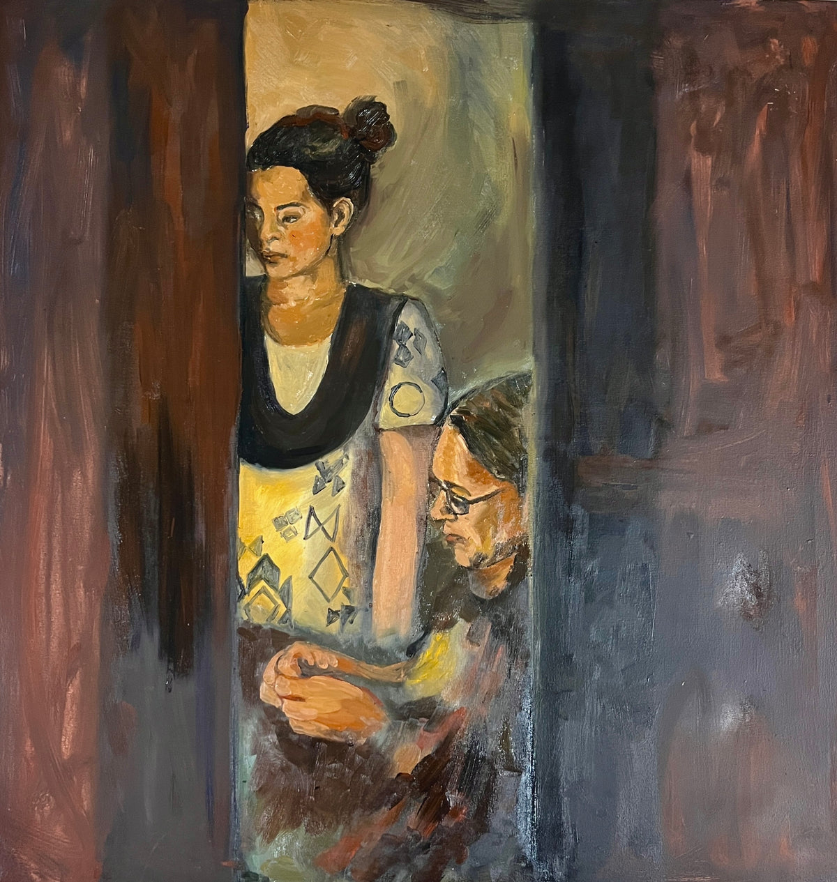Mother Knows Best by Aisha Rehman, oil on canvas, 39 x 37 inches