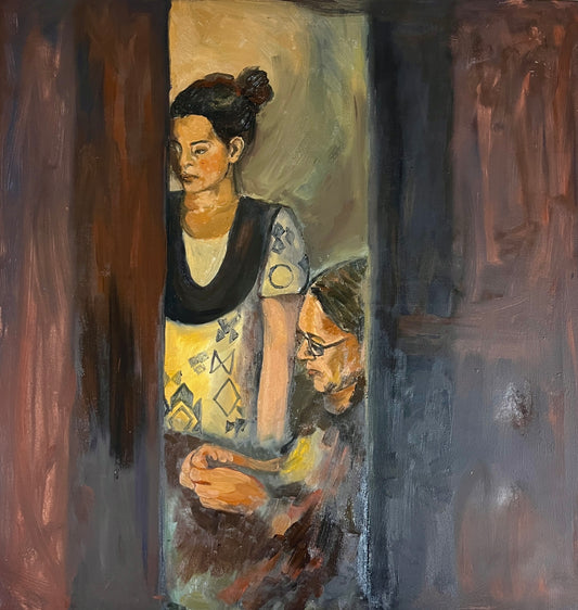 Mother Knows Best by Aisha Rehman, oil on canvas, 39 x 37 inches