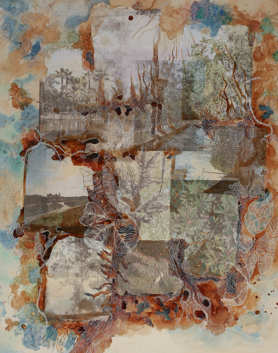 Oxidized Echoes by Tabsheer Azmat, watercolor and coffee on photo-transferred Wasli, 20.5 x 26 inches.