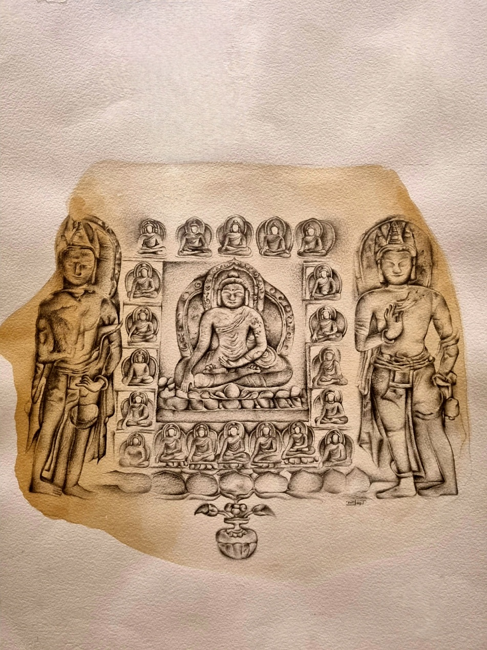 Manthal Rock Carving Buddha by Komal Shahid Khan — graphite on Arches paper