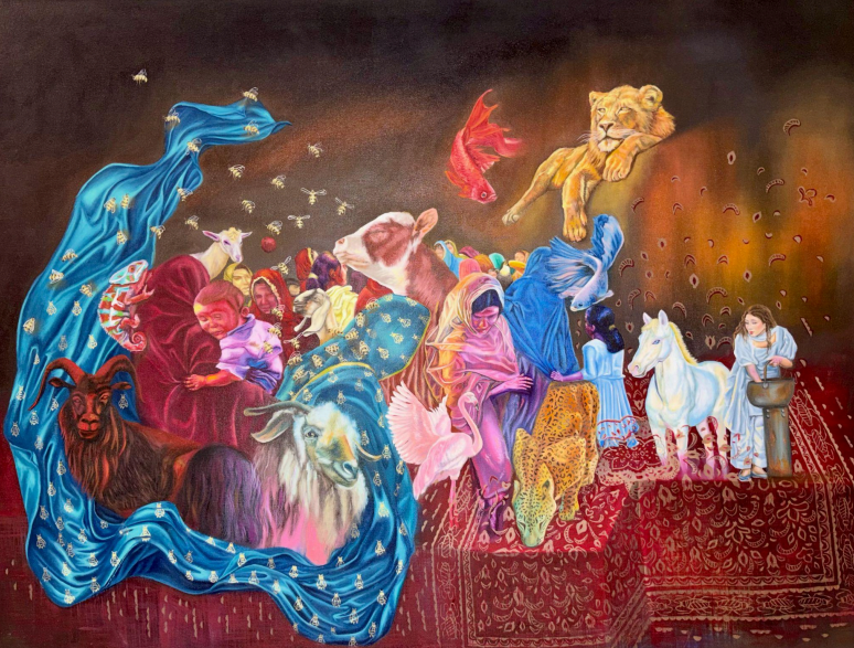 Happy Family by Zulekha Mandokhail, oil on canvas, 48 x 38 inches.
