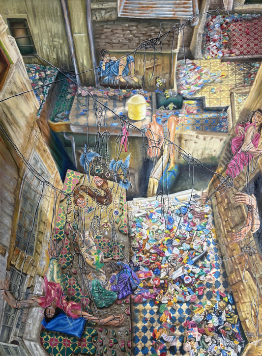 Urban Debris by Zulekha Mandokhail, oil on canvas, 24 x 33 inches.