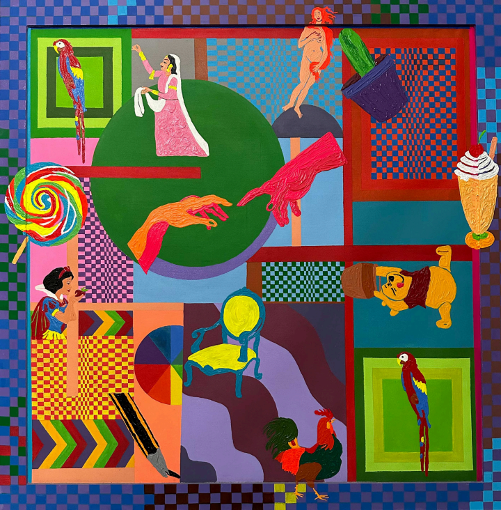 Have A Seat by Zoha Zafar Malik, mixed media on canvas, 48 × 48 inches