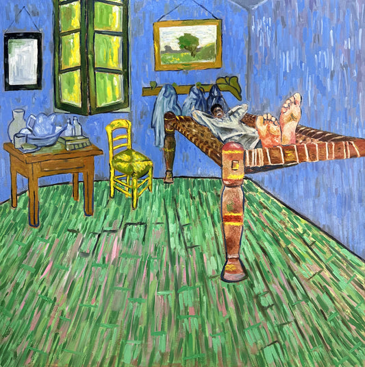 Van Gogh In Charpai by Asad Ali Qulander, oil on canvas painting