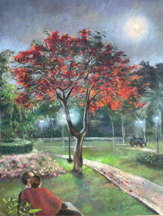 Exploration of the Moon Series Continues at Home by Rahat Naveed Masud, pastel on card artwork