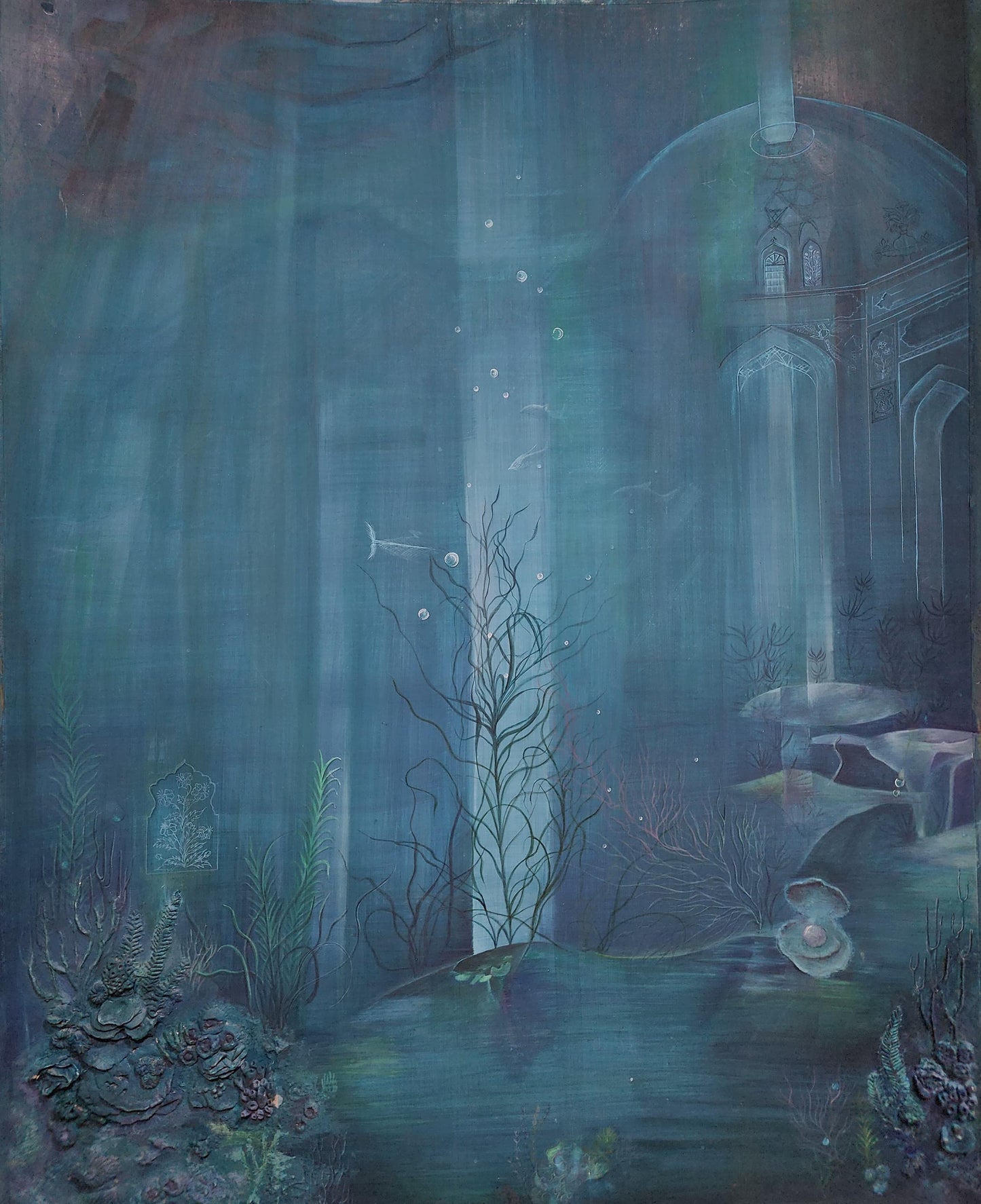 Hamam - A Pearl Within by Fatima Maqbool, gouache and archival clay on Wasli