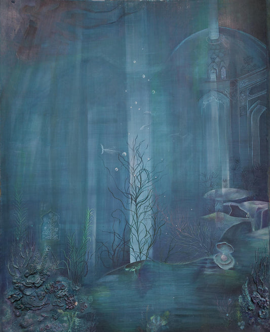 Hamam - A Pearl Within by Fatima Maqbool, gouache and archival clay on Wasli