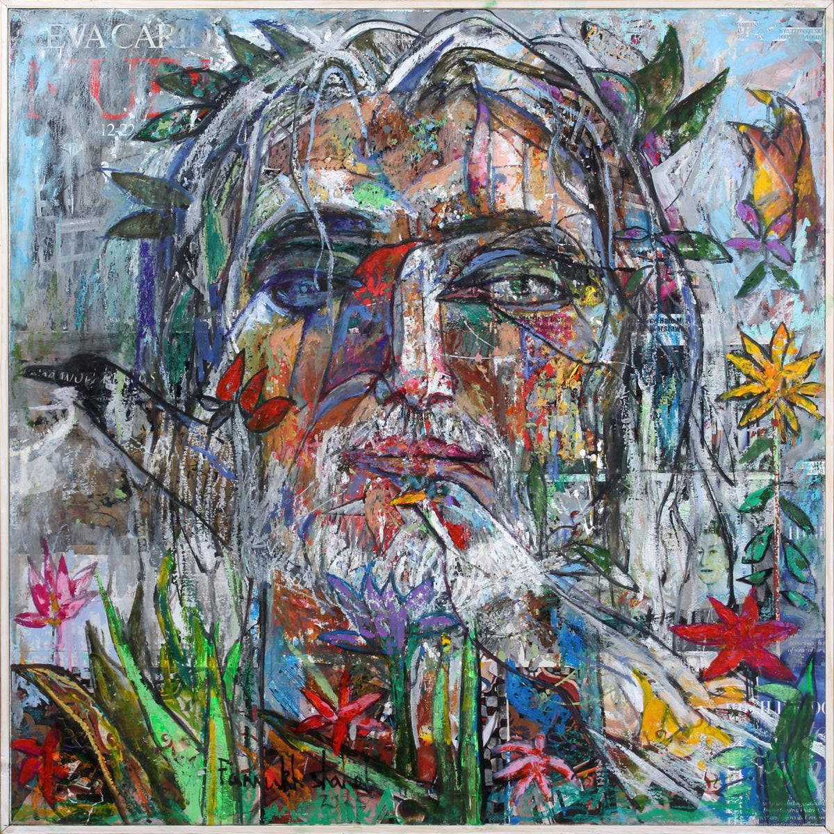 Bird Series II, mixed media on canvas artwork by Farrukh Shahab, 30 × 30 inches
