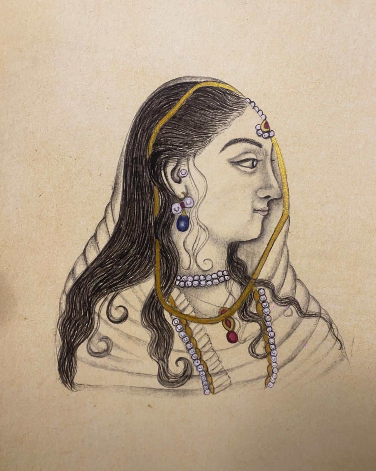 "Portrait of a Woman" by Sohni Farrukh by Sohni Farrukh - original Tea, Watercolor & Gold Pigment on Wasli. artwork at Arfiras Art Gallery