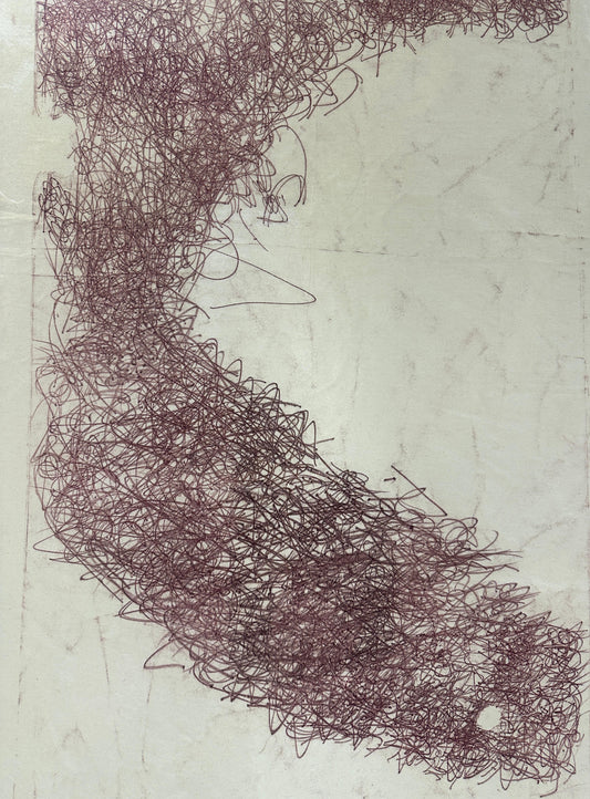 Lehaaz by Hajra Khan, abstract mono drypoint on paper, 32 x 47 inches.