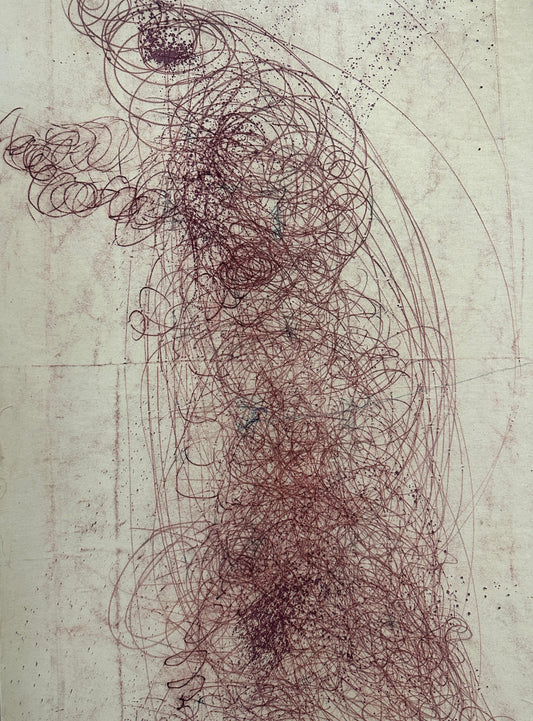 Wajood by Hajra Khan, abstract mono drypoint on paper, 47 x 48 inches.