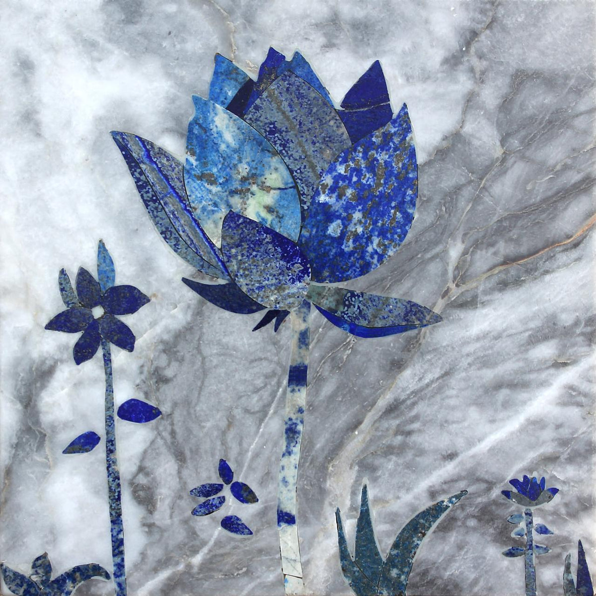 Lotus by Aqib Faiz, lapis lazuli inlaid in grey marble, 11 x 11 inches