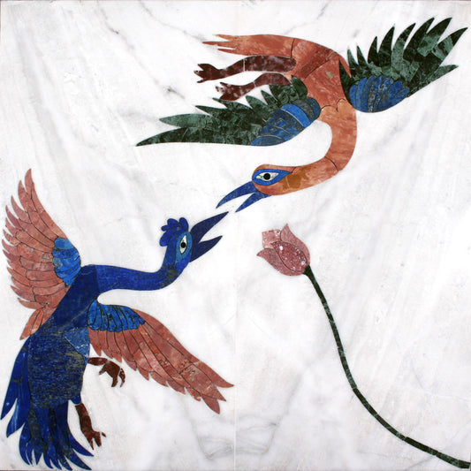 Fantasy - I by Aqib Faiz, pietra dura in lapis lazuli, malachite, Nowshera pink and Picasso green inlaid in Carrara white marble, 23 x 23 inches
