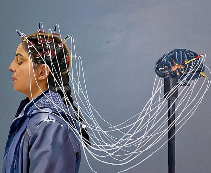 Between Mind and Machine by Hadia Rizwan, oil on canvas, 30 x 36 inches