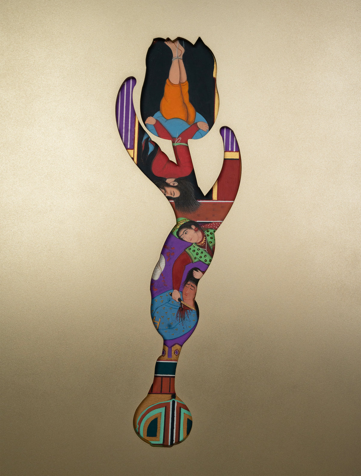 Chronicles of Hamza - II by Sheema Khan, figurative gouache on Wasli with acrylic cutout, 19 x 16 inches.
