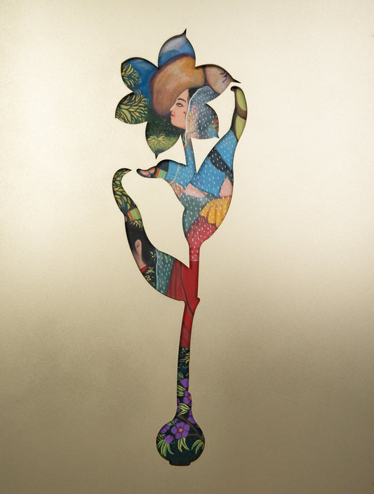 Chronicles of Hamza - I by Sheema Khan, figurative gouache on Wasli with acrylic cutout, 19 x 16 inches.