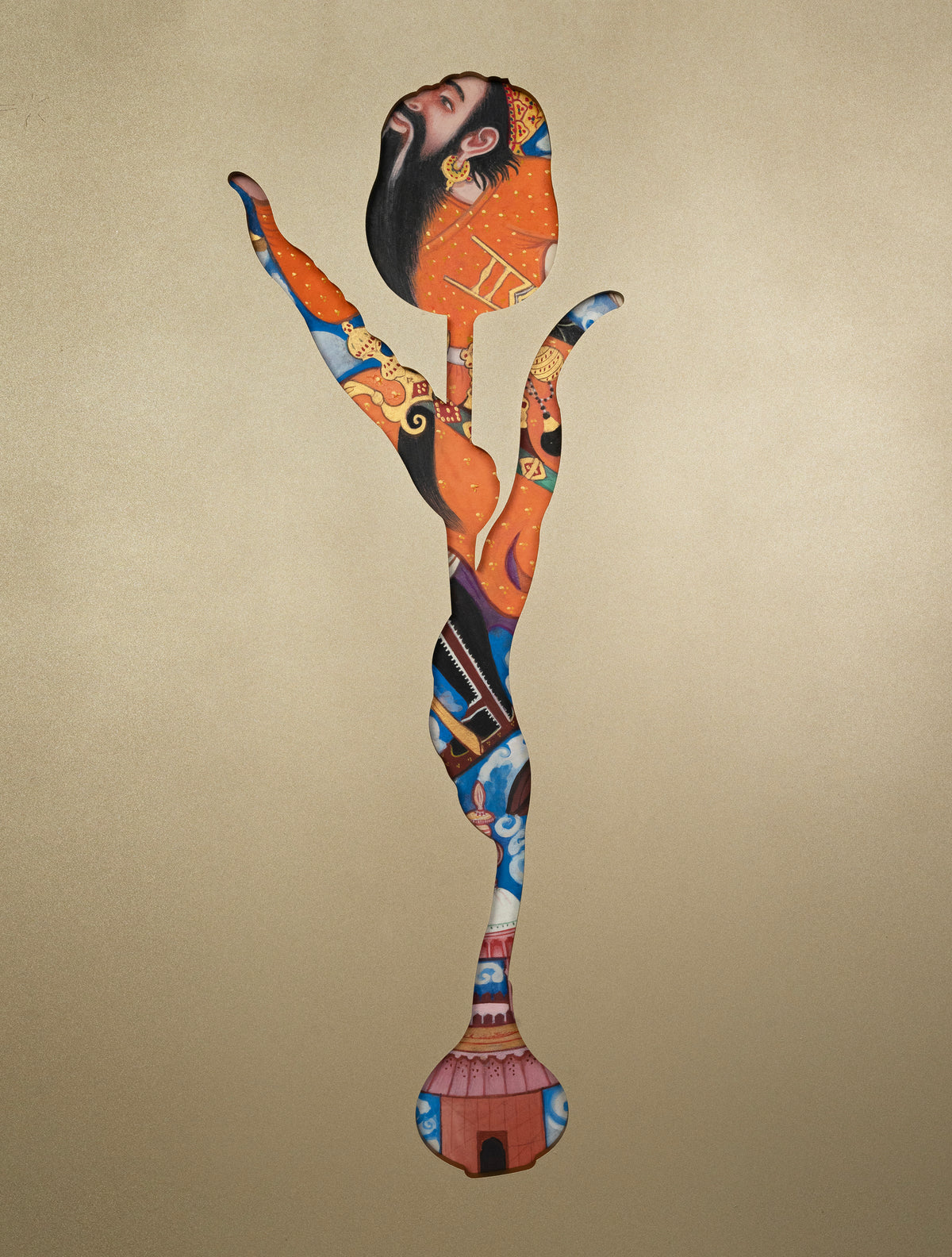 Chronicles of Hamza - IV by Sheema Khan, figurative gouache on Wasli with acrylic cutout, 19 x 16 inches.