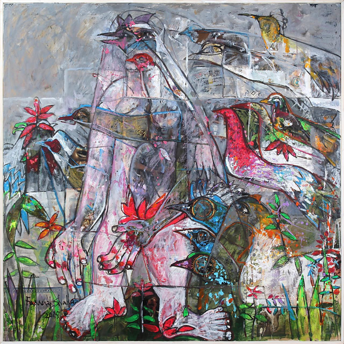 Bird Series III, mixed media on canvas artwork by Farrukh Shahab, 36 × 36 inches